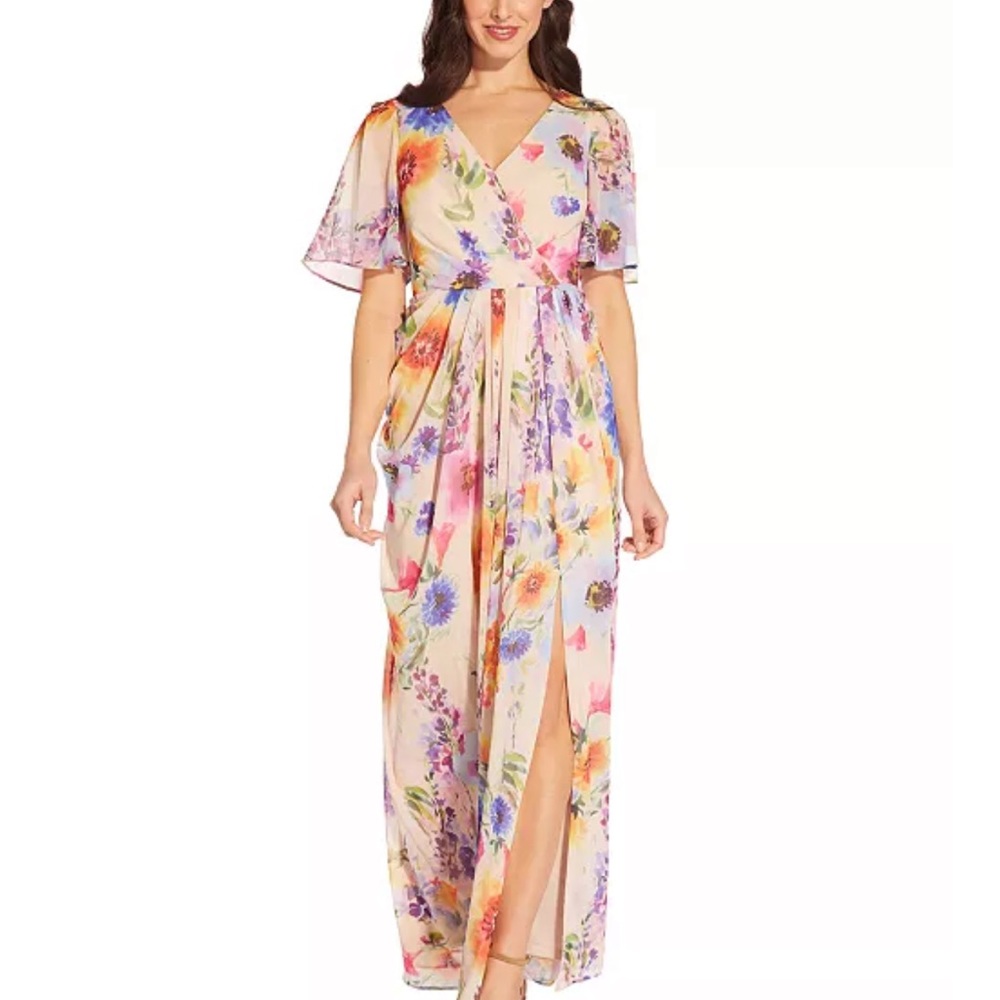 ADRIANNA PAPELL Floral Flutter-Sleeve Gown